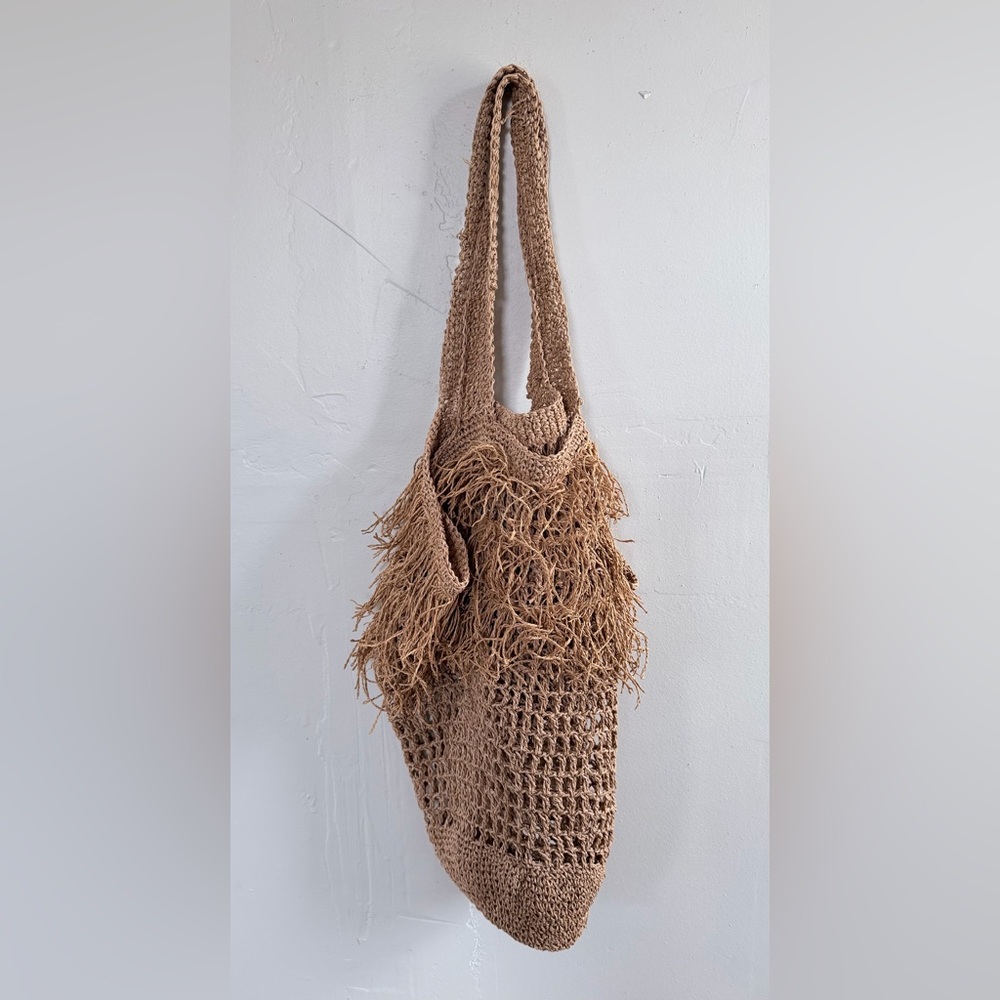 Anthropologie Raffia Fringe Tote NWOT Boho Straw Beach Vacation Bag